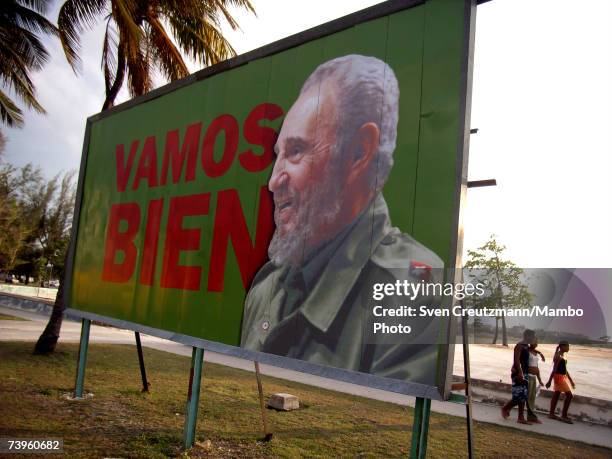 Billboard with Cuba President Fidel Castro's image smiling stands at 5th Avenue, In this undated photograph in Havana, Cuba.