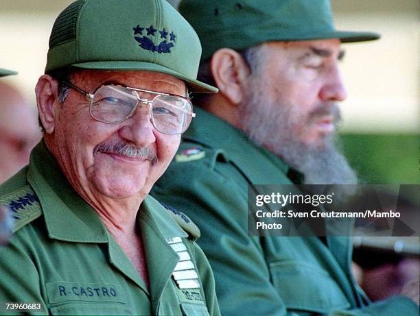 Raul Castro and his brother Cuba Head of State and Party Fidel Castro attend the 100 Anniversary celebrations for the death of Cuban hero Antonio...