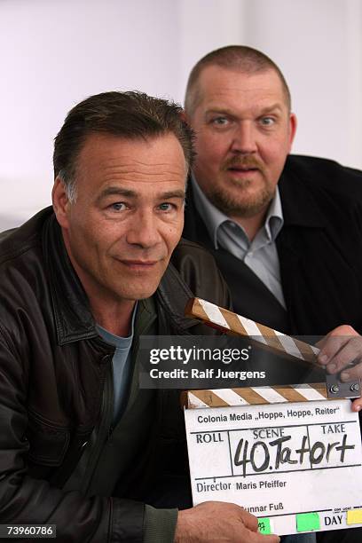 Klaus Behrendt and Dietmar Baer pose at photocall for the 40. Tatort Anniversary on April 24, 2007 in Cologne, Germany. The film is named "Hoppe,...