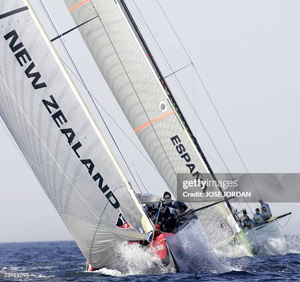 Desafio Espanol and New Zealand's Emirates Team race on the 9th day of racing in the challenger selection series of the Louis Vuitton Cup in...