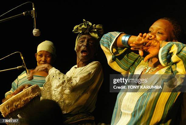Iconic Swahili traditional music Taarab star, Zanzibar's Bi Fatuma Binti Baraka, popularly known as Bi Kidude , performs during a show in Nairobi,...