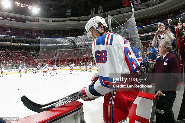 Jaromir Jagr of the New York Rangers steps on the ice for warmups before the game against the Philadelphia Flyers at Wachovia Center on March 31,...