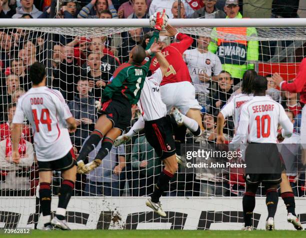 Ronaldo scores Manchester United's first goal during the UEFA Champions League Semi-Final first leg match between Manchester United and AC Milan at...