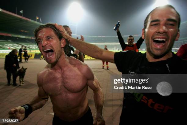 Florian Lechner and Fabio Morena of St.Pauli celebrate after the Third League match between Werder Bremen II and FC St.Pauli at the Weser stadium on...