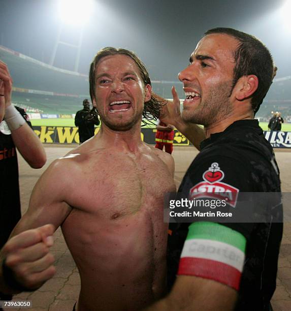 Florian Lechner and Fabio Morena of St.Pauli celebrate after the Third League match between Werder Bremen II and FC St.Pauli at the Weser stadium on...