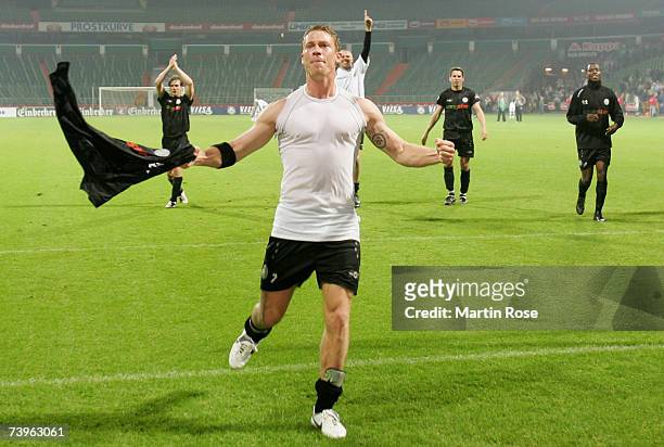 Marvin Braun of St.Pauli celebrates after the Third League match between Werder Bremen II and FC St.Pauli at the Weser stadium on April 24, 2007 in...