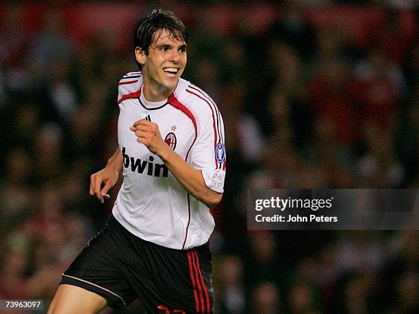 Kaka of AC Milan celebrates scoring their second goal during the UEFA Champions League Semi-Final first leg match between Manchester United and AC...