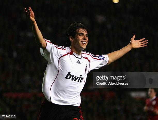 Kaka of AC Milan celebrates scoring his team's second goal during the UEFA Champions League Semi Final, first leg match between Manchester United and...
