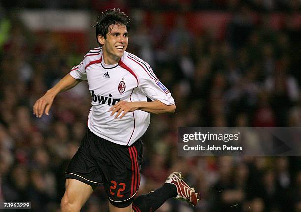 Kaka of AC Milan celebrates scoring their second goal during the UEFA Champions League Semi-Final first leg match between Manchester United and AC...