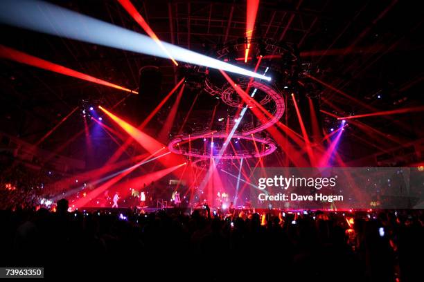 The crowd and lighting effects are seen as Justin Timberlake performs on stage at the Odyssey Arena on the first date of the UK leg of his...