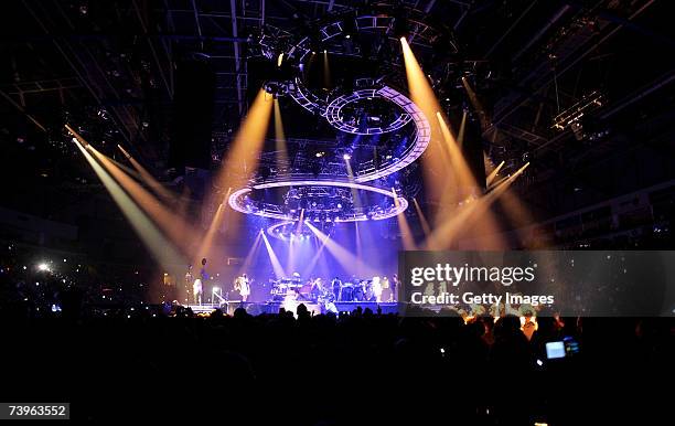 The crowd and lighting effects are seen as Justin Timberlake performs on stage at the Odyssey Arena on the first date of the UK leg of his...