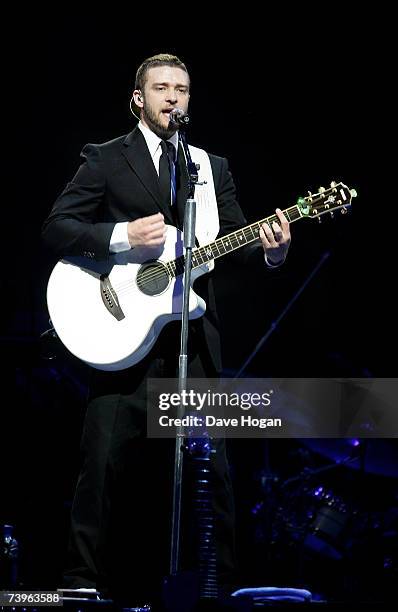 Justin Timberlake performs on stage at the Odyssey Arena on the first date of the UK leg of his 'FutureSex/LoveShow' World Tour on April 24, 2007 in...