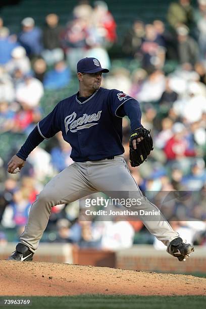 Trevor Hoffman of the San Diego Padres delivers the pitch against the Chicago Cubs on April 17, 2007 at Wrigley Field in Chicago, Illinois. The...