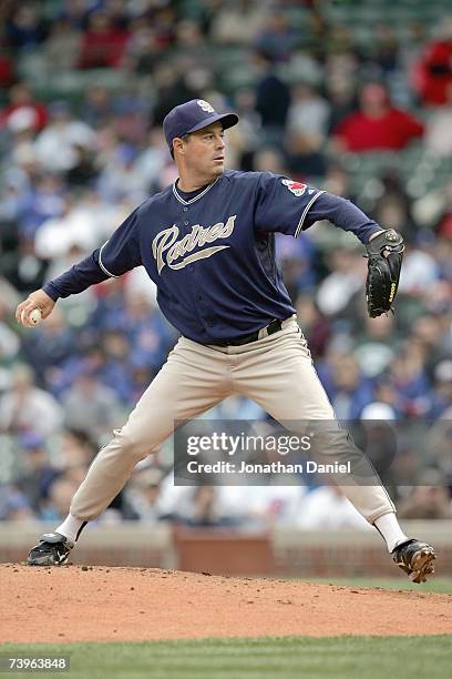 Greg Maddux of the San Diego Padres delivers the pitch against the Chicago Cubs on April 17, 2007 at Wrigley Field in Chicago, Illinois. The Padres...