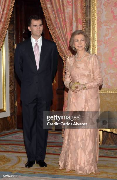 Spanish Royals Queen Sofia and Crown Prince Felipe receive Pakistani President Pervez Musharraf and wife Sehba Musharraf for a Gala Dinner on April...