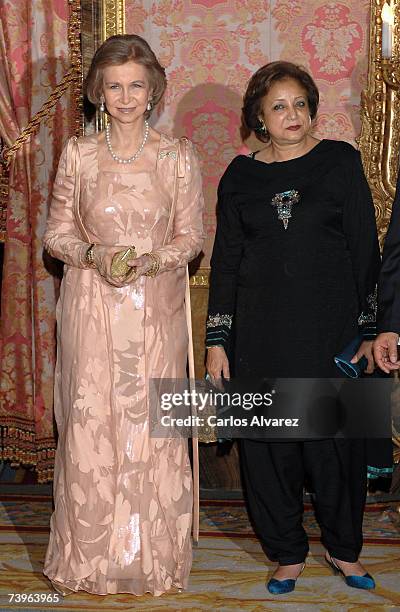 Pakistan's First Lady Sehba Musharraf and Spanish Queen Sofia attend a reception before dinner on April 24, 2007 at the Royal Palace in Madrid, Spain.