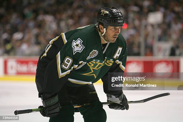 Mike Modano of the Dallas Stars looks on against the Vancouver Canucks in Game 4 of the 2007 Western Conference Quarterfinals at American Airlines...