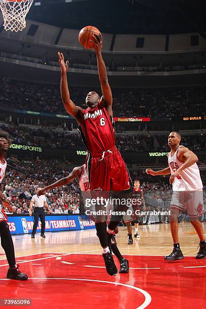 Eddie Jones of the Miami Heat goes to the basket in the first quarter of Game Two of the Eastern Conference Quarterfinals against the Chicago Bulls...