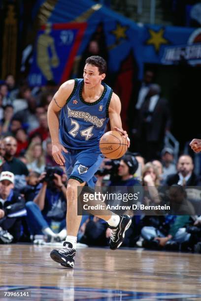 Tom Gugliotta of the Western Conference dribbles during the 1997 All-Star Game on February 9, 1997 at Gund Arena in Cleveland, Ohio. NOTE TO USER:...