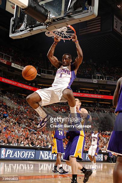 Amare Stoudemire of the Phoenix Suns dunks against the Los Angeles Lakers in Game Two of the Western Conference Quarterfinals during the 2007 NBA...
