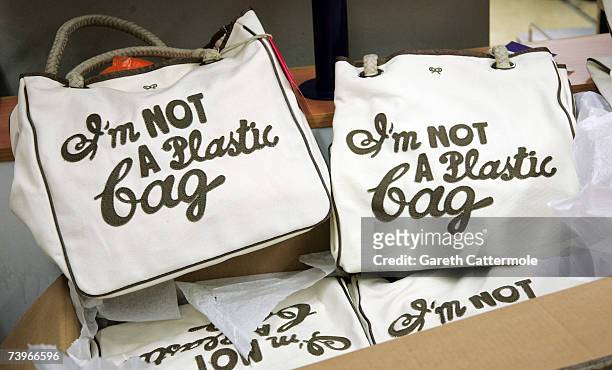 Anya Hindmarch's bags "I'm Not A Plastic Bag" await customers at the Sainsbury's store in Camden on April 25, 2007 in London. The limited edition...
