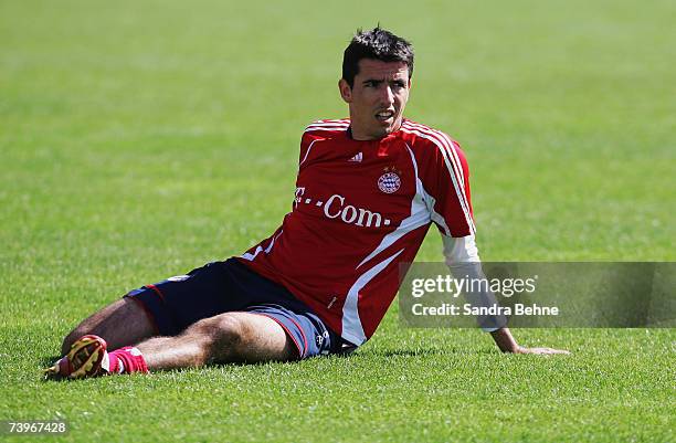 Roy Makaay stretches during the Bayern Munich training session at Bayern's training ground Saebener Strasse on April 25, 2007 in Munich, Germany.