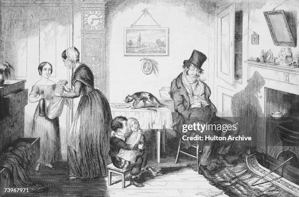 Plate II of George Cruikshank's 'The Bottle', a series of eight etchings published in 1847 and depicting the effects of alcoholism. The caption...
