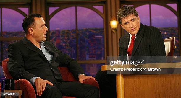 Actor Vinnie Jones and host Craig Ferguson speak during a segment of "The Late Late Show with Craig Ferguson" at CBS Television City on April 24,...