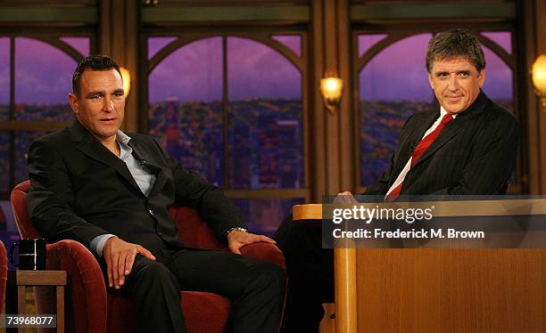 Actor Vinnie Jones and host Craig Ferguson speak during a segment of "The Late Late Show with Craig Ferguson" at CBS Television City on April 24,...