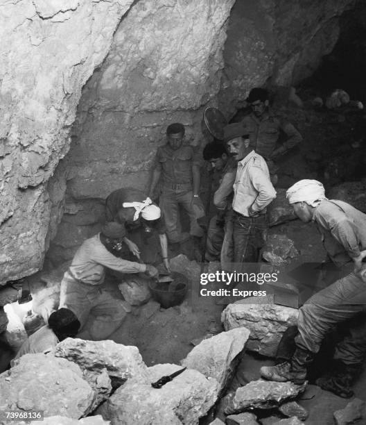 Israeli archaeologist Yigael Yadin at the excavation site of the Dead Sea Scrolls in Wadi Qumran, circa 1953.