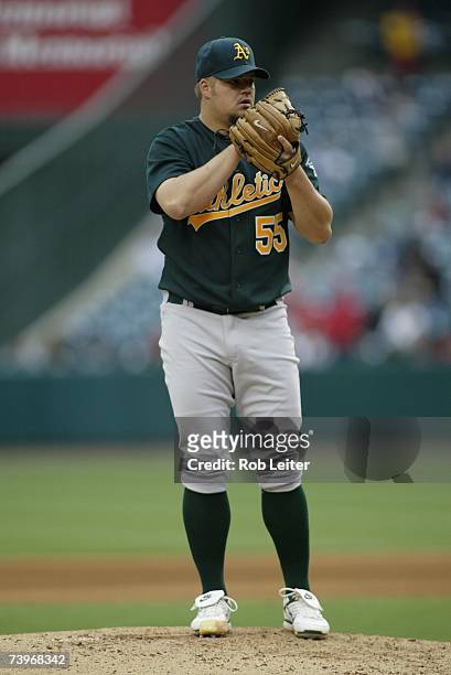Joe Blanton of the Oakland Athletics pitches during the game against the Los Angeles Angels of Anaheim at Angel Stadium in Anaheim, California on...