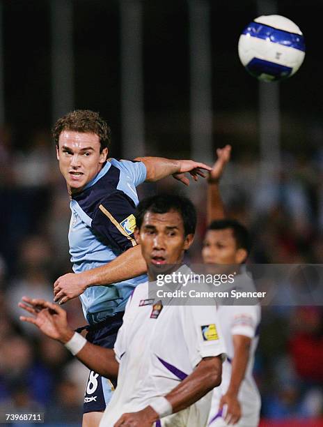 Adam Casey of Sydney FC heads the ball during the Asian Champions League Group E match between Sydney FC and Persik Kediri at Parramatta Stadium...