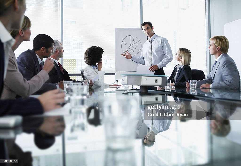 Grupo de trabajadores de oficina en una presentación de la sala de juntas