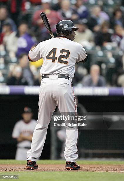 Barry Bonds of the San Francisco Giants stands ready for the pitch as the wear the commemmorative 42 in honor of Jackie Robinson during the game...