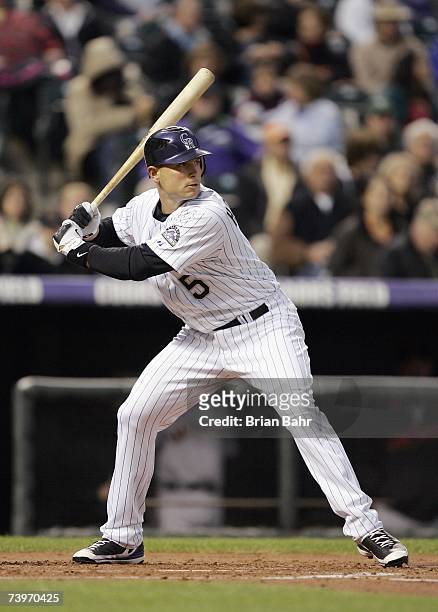 Matt Holliday of the Colorado Rockies stands ready at bat during the game against the San Francisco Giants on April 16, 2007 at Coors Field in...