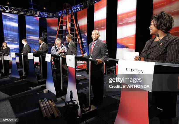 Orangeburg, UNITED STATES: Students stand in for candidates during a rehearsal for the South Carolina Democratic Party Presidential Debate, 25 April...