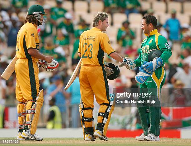 Michael Clarke of Australia shakes hands with Mark Boucher of South Africa after Australia defeated South Africa during the ICC Cricket World Cup...