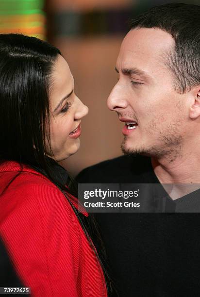 Singers Jennifer Pena and Obie Bermudez appear onstage during MTV's mi TRL at the MTV Times Square Studios April 24, 2007 in New York City.