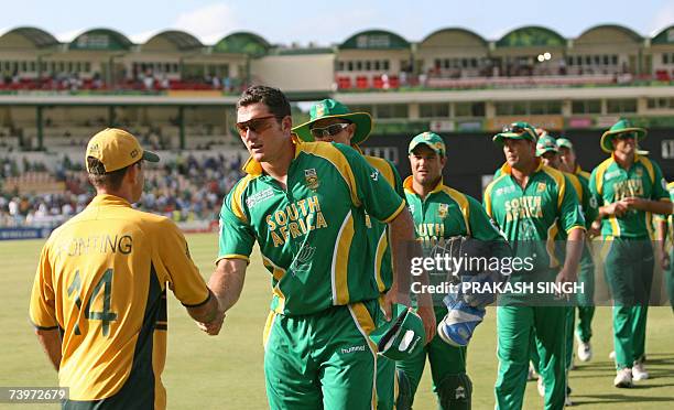 Gros Islet, SAINT LUCIA: South African cricket captain Graeme Smith shakes hands with Australian captain Ricky Ponting after an ICC Cricket World Cup...