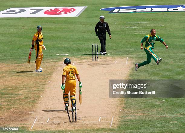 Charl Langeveldt of South Africa celebrates the wicket of Adam Gilchrist of Australia during the ICC Cricket World Cup Semi Final match between...