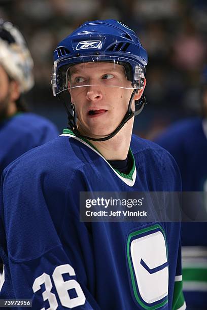 Jannik Hansen of the Vancouver Canucks looks on against the Dallas Stars during Game 7 of the 2007 Western Conference Quarterfinals at General Motors...