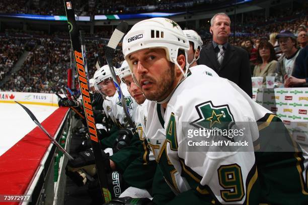 Mike Modano of the Dallas Stars looks on against the Vancouver Canucks during Game 7 of the 2007 Western Conference Quarterfinals at General Motors...