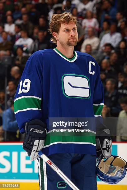 Markus Naslund of the Vancouver Canucks looks on against the Dallas Stars during Game 7 of the 2007 Western Conference Quarterfinals at General...