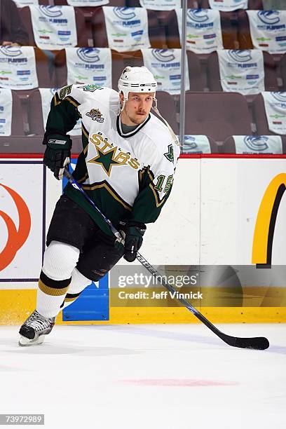 Niklas Hagman of the Dallas Stars skates during warmups before the game against the Vancouver Canucks during Game 7 of the 2007 Western Conference...