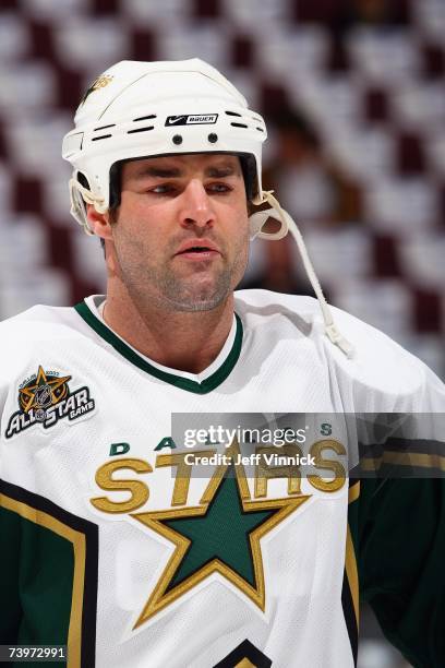 Eric Lindros of the Dallas Stars looks on against the Vancouver Canucks during Game 7 of the 2007 Western Conference Quarterfinals at General Motors...