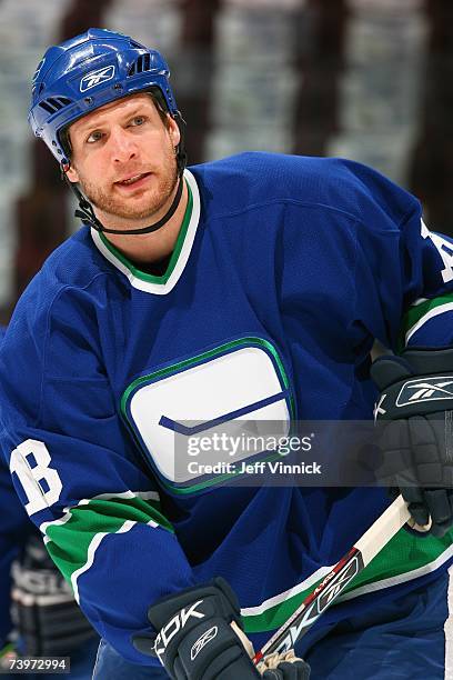 Rory Fitzpatrick of the Vancouver Canucks looks on against the Dallas Stars during Game 7 of the 2007 Western Conference Quarterfinals at General...