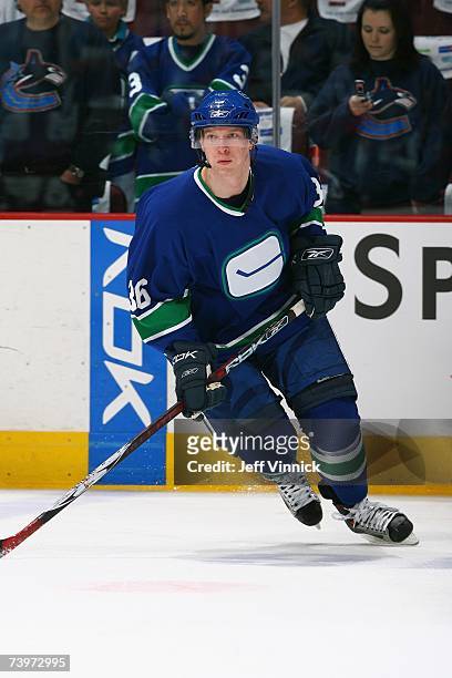 Jannik Hansen of the Vancouver Canucks skates during warmups before the game against the Dallas Stars during Game 7 of the 2007 Western Conference...