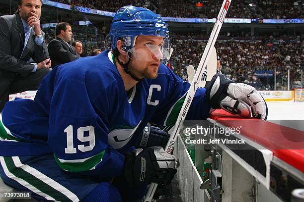 Markus Naslund of the Vancouver Canucks looks on against the Dallas Stars during Game 7 of the 2007 Western Conference Quarterfinals at General...