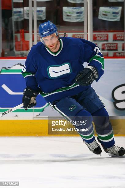 Tommi Santala of the Vancouver Canucks skates during warmups before the game against the Dallas Stars during Game 7 of the 2007 Western Conference...
