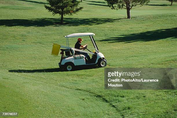 groundskeeper driving golf cart across course - sportveld onderhouder stockfoto's en -beelden